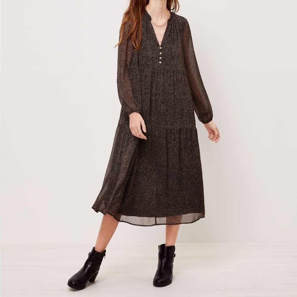LOFT Split Neck Tiered Midi Dress